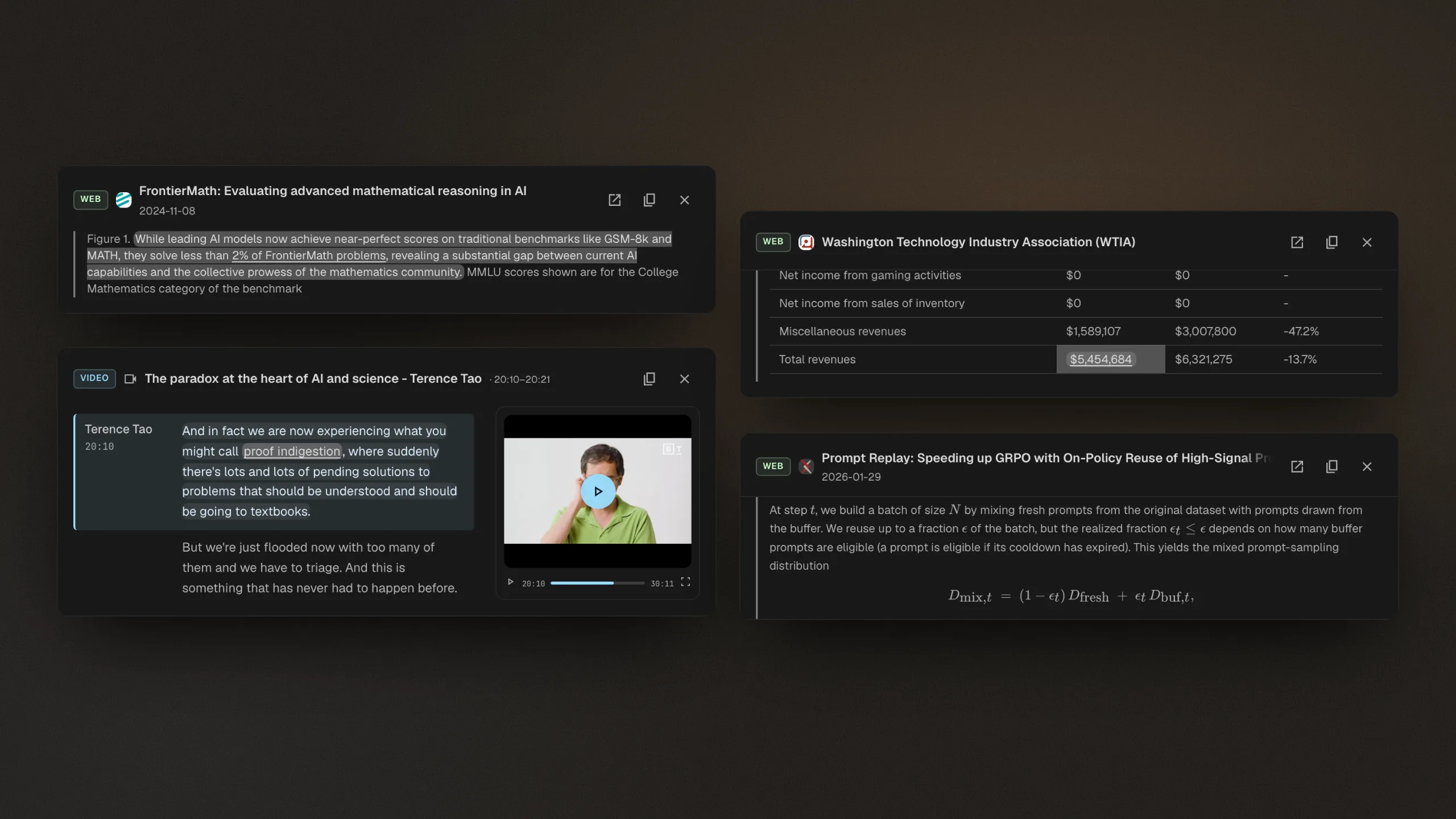 Four Citaria citation cards, each opening the exact source: a highlighted web passage, a timestamped video transcript beside its player, a highlighted cell in a financial table, and a passage with a formula